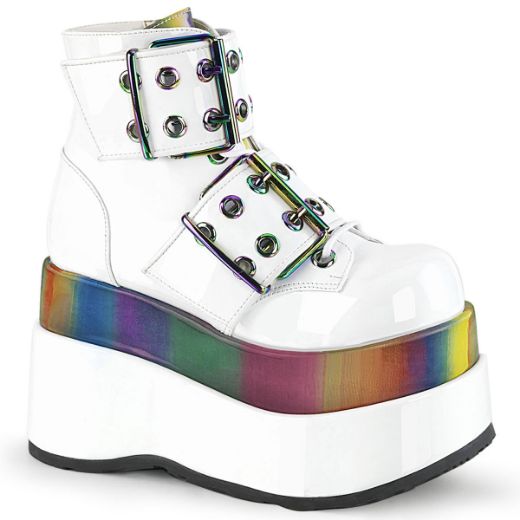 Product image of Demonia BEAR-104 White Patent-Rainbow Reflective 4 1/2 inch Tiered Platform Lace-Up Ankle Boot Side Zip