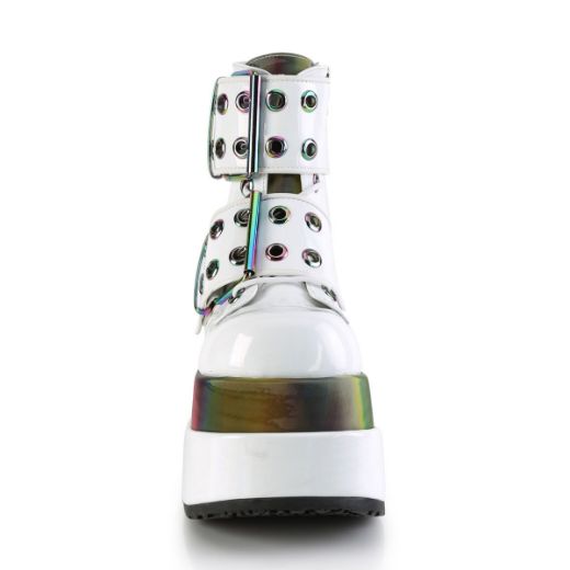 Product image of Demonia BEAR-104 White Patent-Rainbow Reflective 4 1/2 inch Tiered Platform Lace-Up Ankle Boot Side Zip