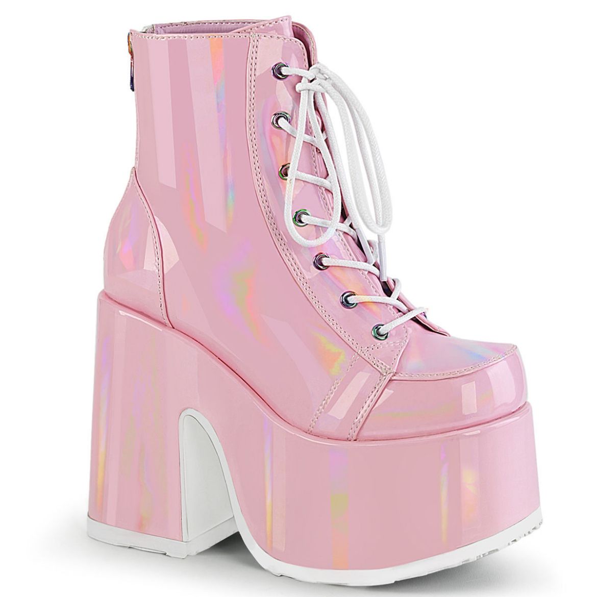 Product image of Demonia CAMEL-203 B.Pink Holographic 5 inch (12.7 cm) Chunky Heel 3 inch (7.6 cm) P/F Lace-Up Ankle Boot Metal Back Zip