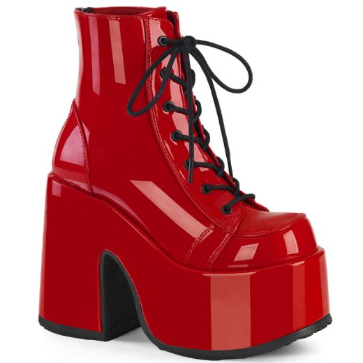 Product image of Demonia CAMEL-203 Red Patent 5 inch (12.7 cm) Chunky Heel 3 inch (7.6 cm) P/F Lace-Up Ankle Boot Metal Back Zip