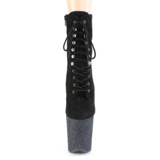 Product image of Pleaser FLAMINGO-1020FSMG Black Faux Suede/Black Multicolour Mini Glitter 8 inch (20 cm) Heel 4 inch (10 cm) Platform Lace-Up Front Ankle Boot Side Zip