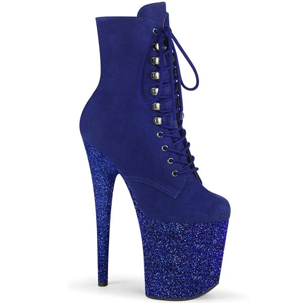 Product image of Pleaser FLAMINGO-1020FSMG Royal Blue Fauxsuede/R.Blue Multicolour Mini Glitr 8 inch (20 cm) Heel 4 inch (10 cm) Platform Lace-Up Front Ankle Boot Side Zip