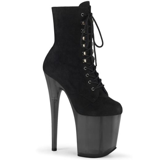 Product image of Pleaser FLAMINGO-1020FST Black Faux Suede/Frosted Black 8 inch (20 cm) Heel 4 inch (10 cm) Tinted Platform Lace-Up Front Ankle Boot Side Zip
