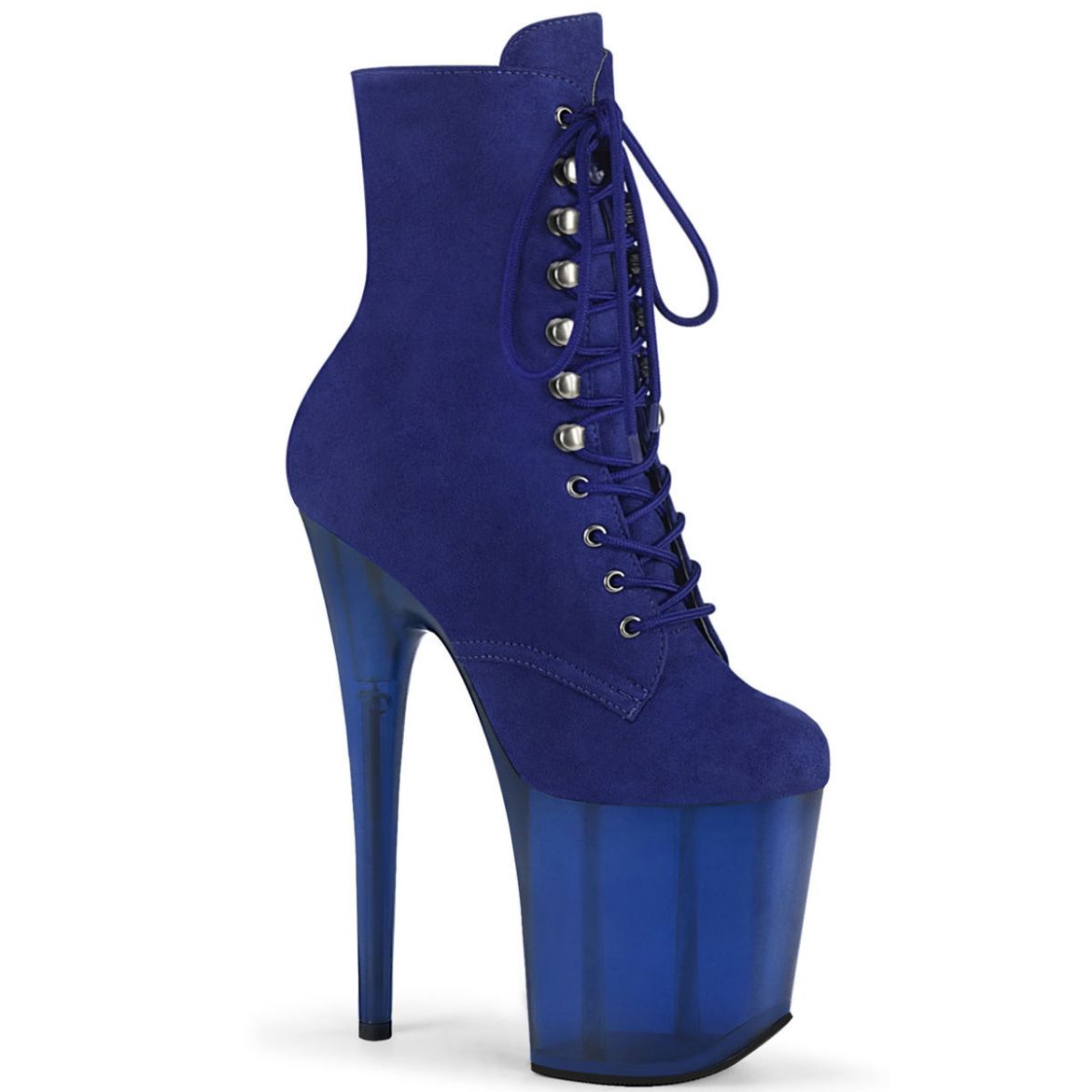 Product image of Pleaser FLAMINGO-1020FST Royal Blue Faux Suede/Frosted Blue 8 inch (20 cm) Heel 4 inch (10 cm) Tinted Platform Lace-Up Front Ankle Boot Side Zip