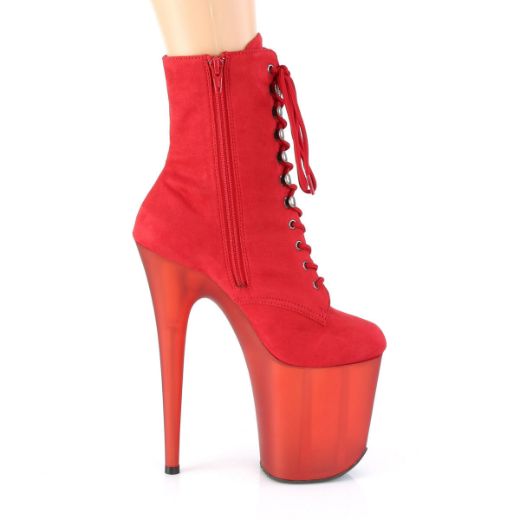 Product image of Pleaser FLAMINGO-1020FST Red Faux Suede/Frosted Red 8 inch (20 cm) Heel 4 inch (10 cm) Tinted Platform Lace-Up Front Ankle Boot Side Zip