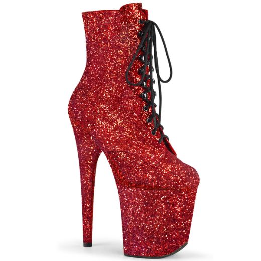Product image of Pleaser FLAMINGO-1020GWR Red Glitter/Red Glitter 8 inch (20 cm) Heel 4 inch (10 cm) Platform Lace-Up Glitter Ankle Boot Side Zip