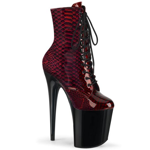Product image of Pleaser FLAMINGO-1020SP Red Animal Print Print Patent/Black 8 inch (20 cm) Heel 4 inch (10 cm) Platform Lace-Up Front Ankle Boot Side Zip