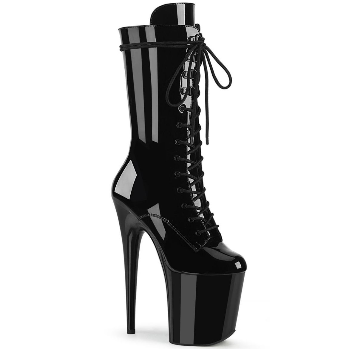 Product image of Pleaser FLAMINGO-1050 Black Patent/Black 8 inch (20 cm) Heel 4 inch (10 cm) Platform Lace-Up Glitter Ankle Boot Side Zip