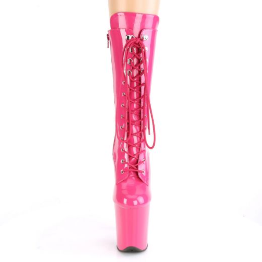 Product image of Pleaser FLAMINGO-1050 Hot Pink Patent/Hot Pink 8 inch (20 cm) Heel 4 inch (10 cm) Platform Lace-Up Glitter Ankle Boot Side Zip