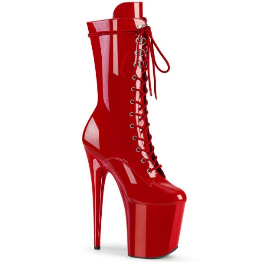 Product image of Pleaser FLAMINGO-1050 Red Patent/Red 8 inch (20 cm) Heel 4 inch (10 cm) Platform Lace-Up Glitter Ankle Boot Side Zip