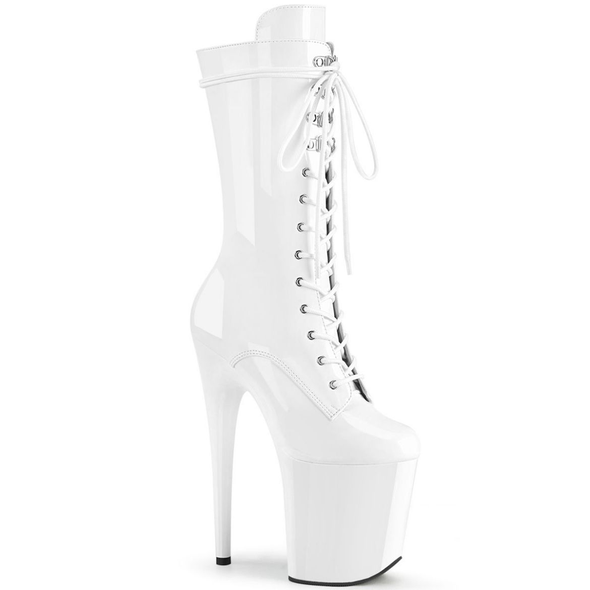 Product image of Pleaser FLAMINGO-1050 White Patent/White 8 inch (20 cm) Heel 4 inch (10 cm) Platform Lace-Up Glitter Ankle Boot Side Zip