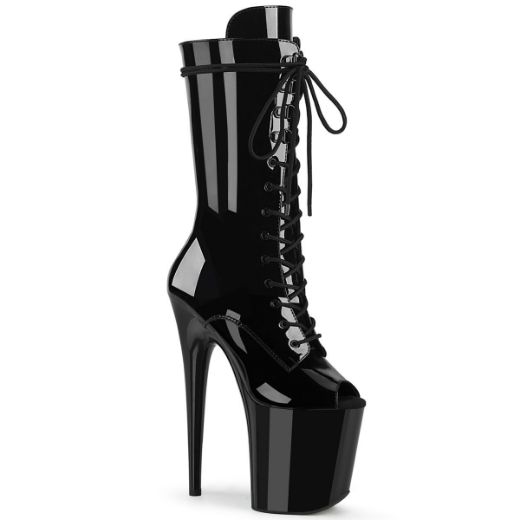 Product image of Pleaser FLAMINGO-1051 Black Patent/Black 8 inch (20 cm) Heel 4 inch (10 cm) Platform Lace-Up Glitter Ankle Boot Side Zip