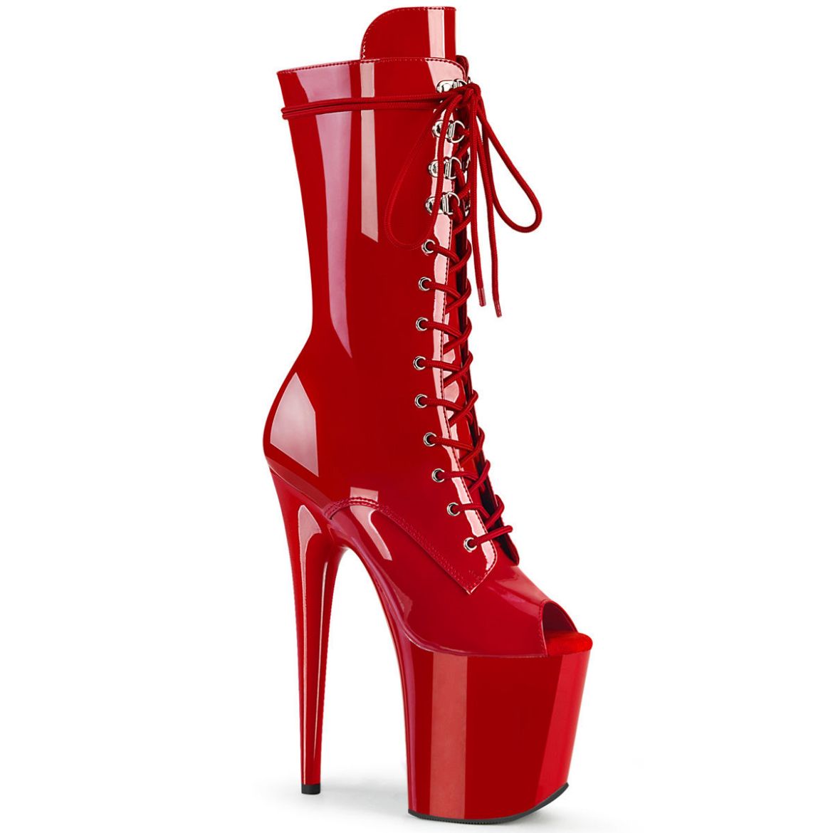 Product image of Pleaser FLAMINGO-1051 Red Patent/Red 8 inch (20 cm) Heel 4 inch (10 cm) Platform Lace-Up Glitter Ankle Boot Side Zip