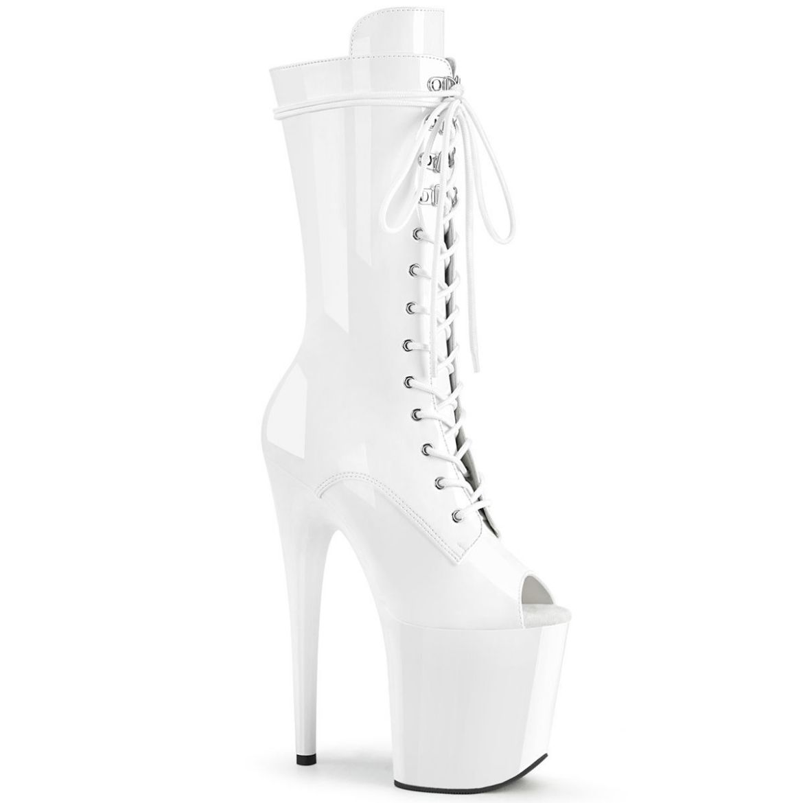 Product image of Pleaser FLAMINGO-1051 White Patent/White 8 inch (20 cm) Heel 4 inch (10 cm) Platform Lace-Up Glitter Ankle Boot Side Zip