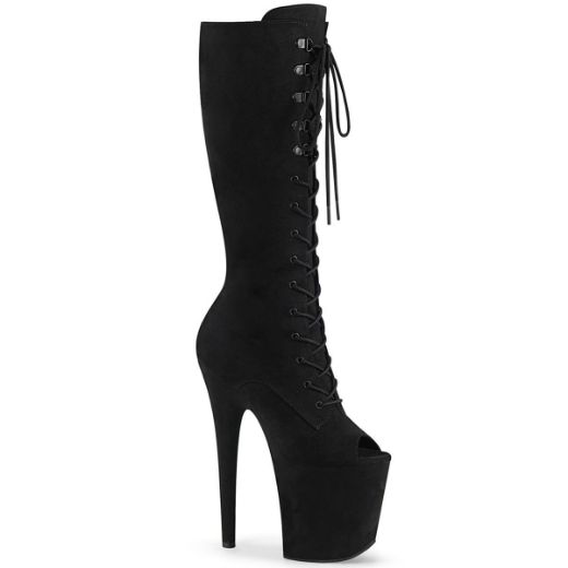 Product image of Pleaser FLAMINGO-2051FS Black Faux Suede/Black Faux Suede 8 inch (20 cm) Heel 4 inch (10 cm) Platform Peep Toe Lace-Up Knee Boot Side Zip