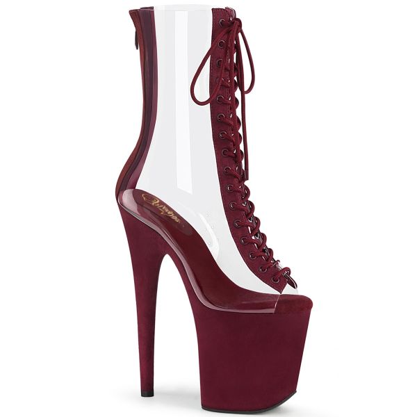 Product image of Pleaser FLAMINGO-800-34FS Clear-Burgundy Faux Suede/Burgundy Suede 8 inch (20 cm) Heel 4 inch (10 cm) Platform Lace-Up Peep Toe Ankle Boot Back Zip