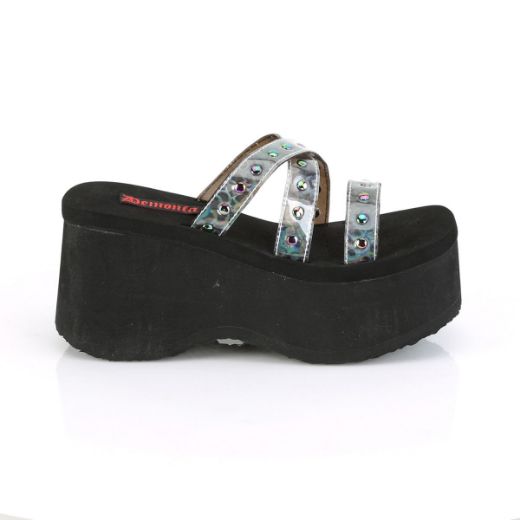 Product image of Demonia FUNN-19 Black Oil Flick Holographic 3 1/2 inch Studs Straps Black Sandal Shoes