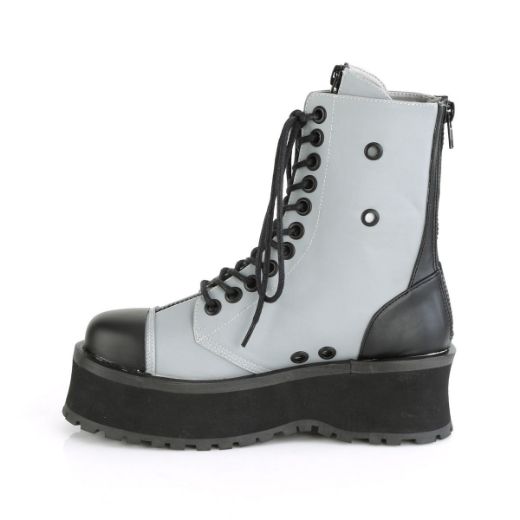 Product image of Demonia GRAVEDIGGER-10 Grey Reflective 2 3/4 inch Platform Lace-Up Ankle Boot Back Metal Zip