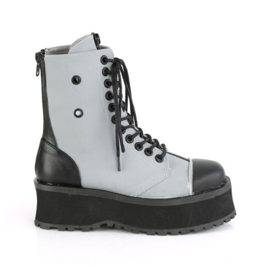 Product image of Demonia GRAVEDIGGER-10 Grey Reflective 2 3/4 inch Platform Lace-Up Ankle Boot Back Metal Zip