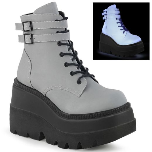 Product image of Demonia SHAKER-52 Grey Reflective 4 1/2 inch Wedge Platform Ankle Boot Side Zip