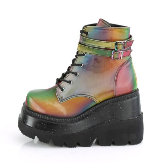 Product image of Demonia SHAKER-52 Rainbow Reflective 4 1/2 inch Wedge Platform Ankle Boot Side Zip