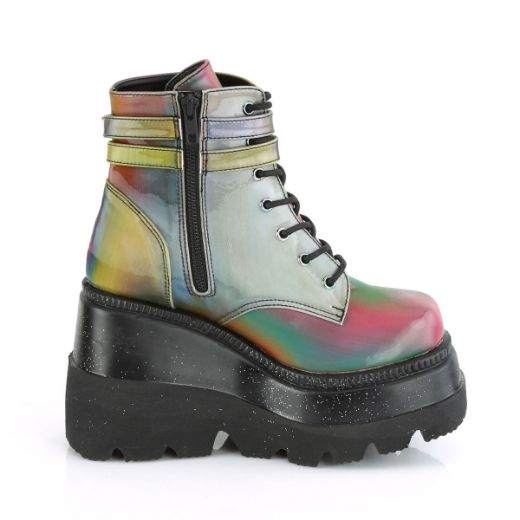 Product image of Demonia SHAKER-52 Rainbow Reflective 4 1/2 inch Wedge Platform Ankle Boot Side Zip