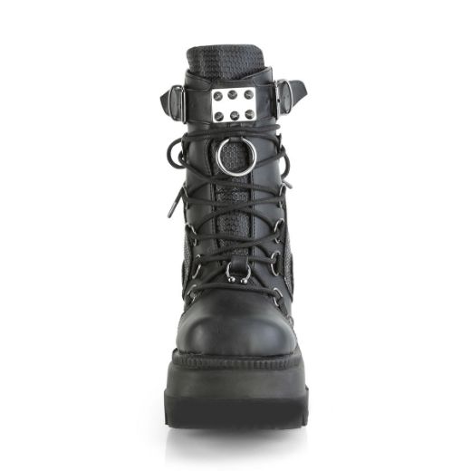 Product image of Demonia SHAKER-60 Black Vegan Faux Leather 4 1/2 inch Wedge Platform Lace-Up Ankle Boot Back Metal Zip