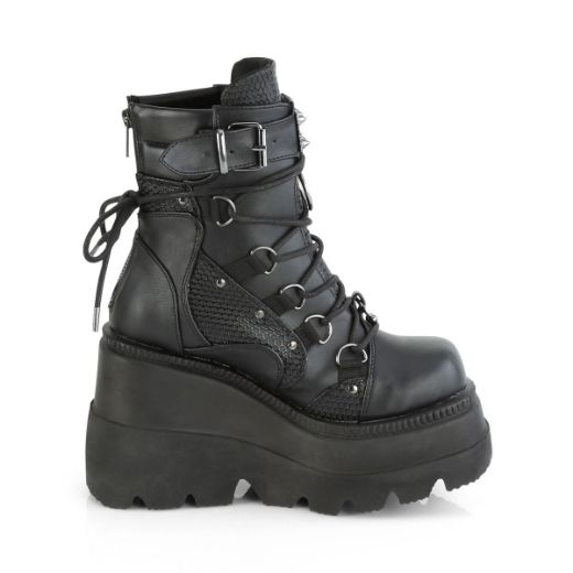 Product image of Demonia SHAKER-60 Black Vegan Faux Leather 4 1/2 inch Wedge Platform Lace-Up Ankle Boot Back Metal Zip