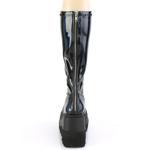 Product image of Demonia SHAKER-65 Stretch Black Patent Holographic 4 1/2 inch Wedge Platform Stretch Knee High Boot Back Zip