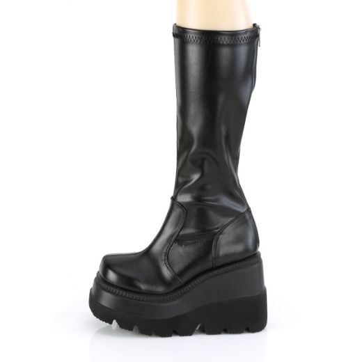 Product image of Demonia SHAKER-65 Black Stretch Vegan Faux Leather 4 1/2 inch Wedge Platform Stretch Knee High Boot Back Zip