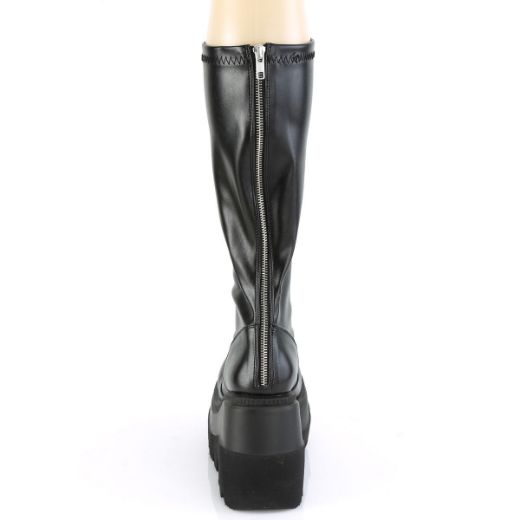 Product image of Demonia SHAKER-65 Black Stretch Vegan Faux Leather 4 1/2 inch Wedge Platform Stretch Knee High Boot Back Zip