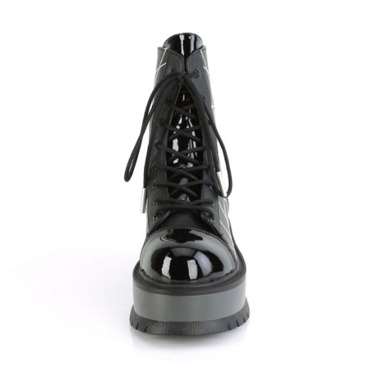 Product image of Demonia SLACKER-88 Black Vegan Faux Leather- Patent 2 inch Platform Lace-Up Ankle Boot Side Zip