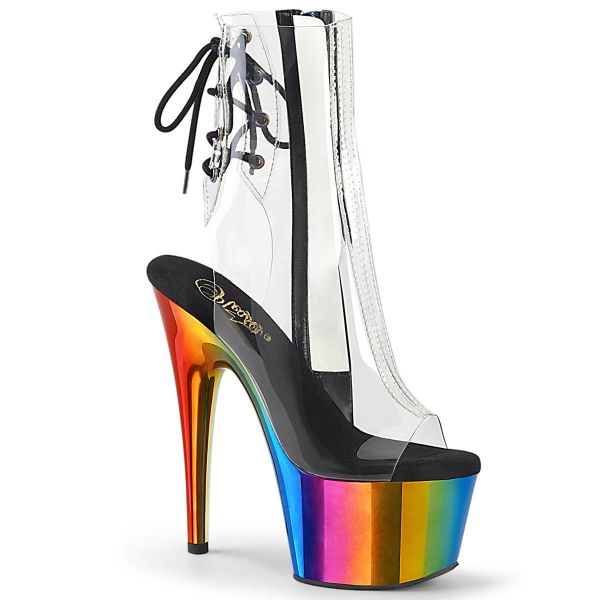 Product image of Pleaser ADORE-1018RC Clear/Rainbow Chrome 7 inch (17.8 cm) Heel 2 3/4 inch (7 cm) Chromed Platform Open Toe Ankle Boot Side Zip