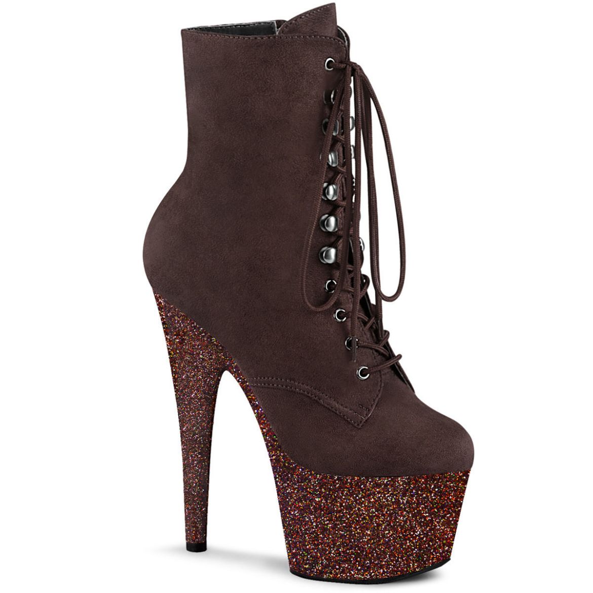 Product image of Pleaser ADORE-1020FSMG Mocha F Faux Suede/Mocha Multicolour Mini Glitter 7 inch (17.8 cm) Heel 2 3/4 inch (7 cm) Platform Lace-Up Front Ankle Boot Side Zip