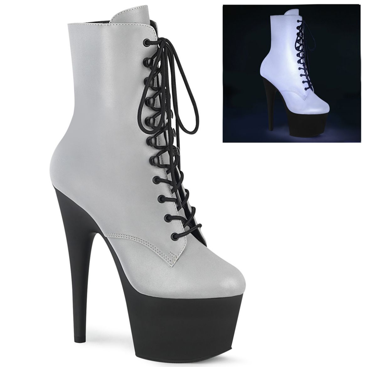 Product image of Pleaser ADORE-1020REFL Silver Reflective/Black Matte 7 inch (17.8 cm) Heel 2 3/4 inch (7 cm) Platform Lace-Up Front Ankle Boot Side Zip
