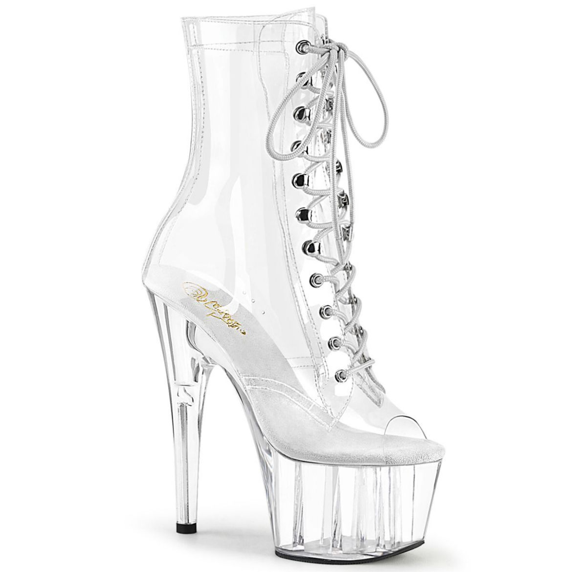 Product image of Pleaser ADORE-1021C Clear/Clear 7 inch (17.8 cm)  Heel 2 3/4 inch (7 cm) Platform Peep Toe Lace-Up Front Ankle Boot