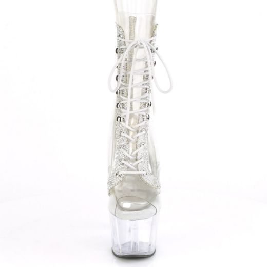 Product image of Pleaser ADORE-1021C-2 Clear-Rhinestones/Clear 7 inch (17.8 cm) Heel 2 3/4 inch (7 cm) Platform Peep Toe Lace-Up Front Ankle Boot With Rhinestones