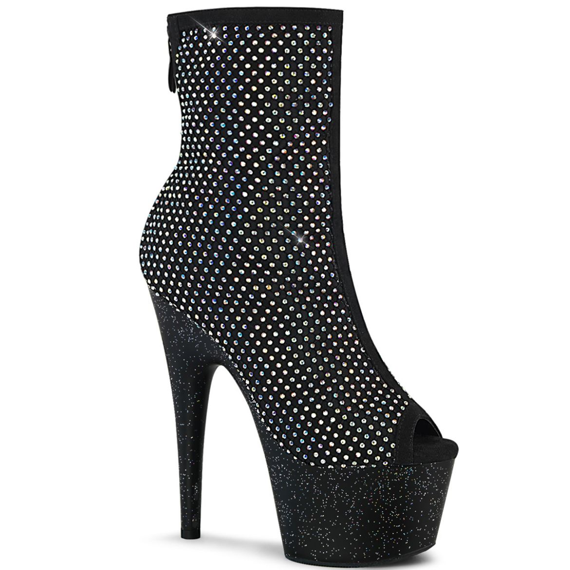 Product image of Pleaser ADORE-1031GM Black Fabric-Rhinestones/Black Matte 7 inch (17.8 cm) Heel 2 3/4 inch (7 cm) Platform Open Toe Ankle Boot Back Zip