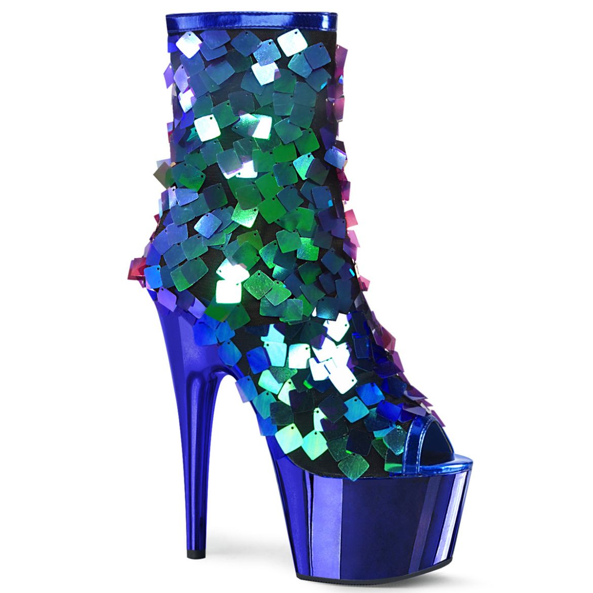 Product image of Pleaser ADORE-1031SSQ Iri.Green Sequins-R.Blue Metpu/R.Bluechrome 7 inch (17.8 cm) Heel 2 3/4 inch (7 cm) Platform Open Toe Ankle Boot Side Zip