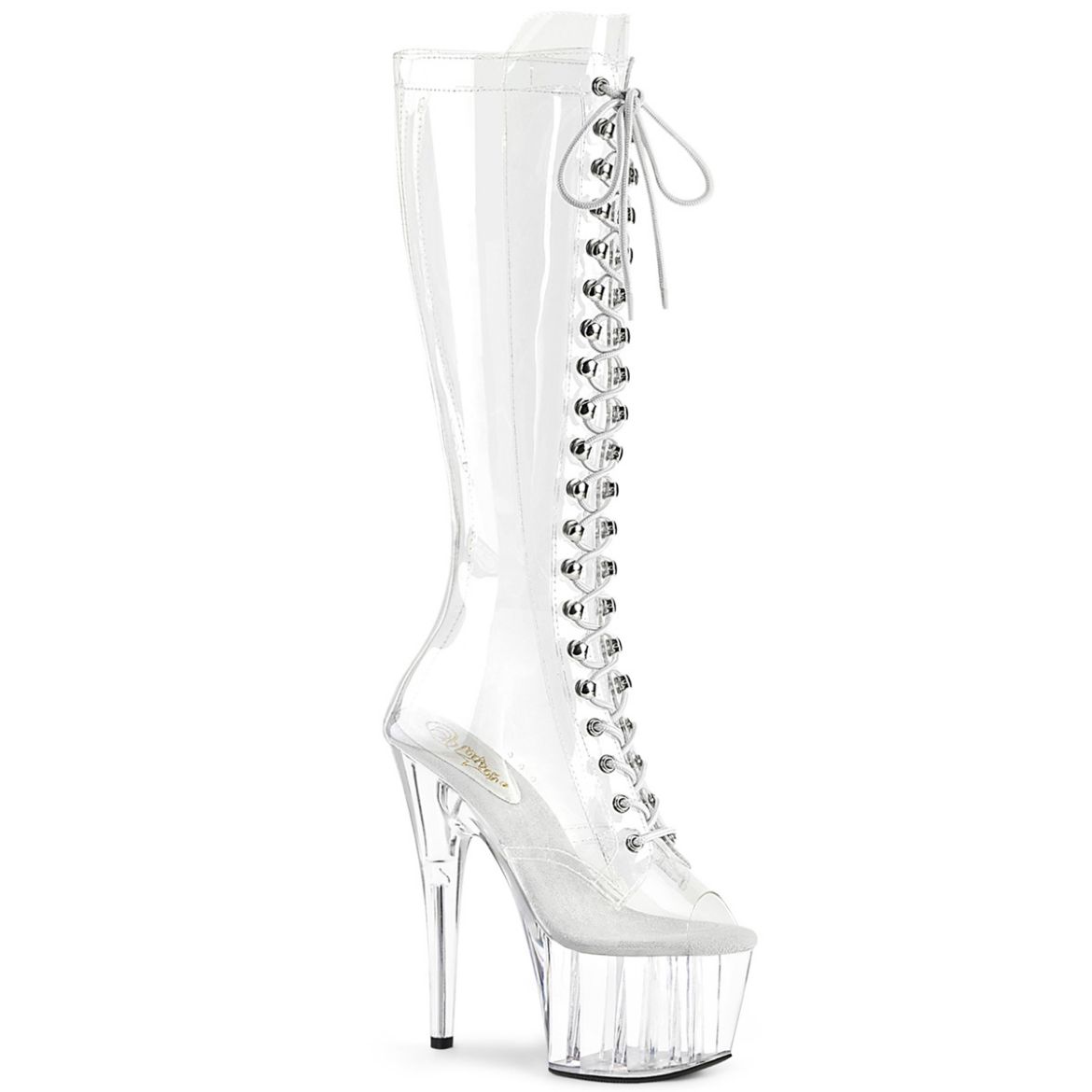 Product image of Pleaser ADORE-2021C Clear/Clear 7 inch (17.8 cm) Heel 2 3/4 inch (7 cm) Platform Peep Toe Lace-Up Knee Boot Knee High Boot