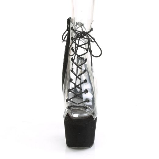 Product image of Pleaser ADORE-700-30FS Clear/Black Faux Suede 7 inch (17.8 cm) Heel 2 3/4 inch (7 cm) Platform Lace-Up Ankle Boot Side Zip