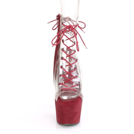 Product image of Pleaser ADORE-700-30FS Clear/Burgundy Faux Suede 7 inch (17.8 cm) Heel 2 3/4 inch (7 cm) Platform Lace-Up Ankle Boot Side Zip