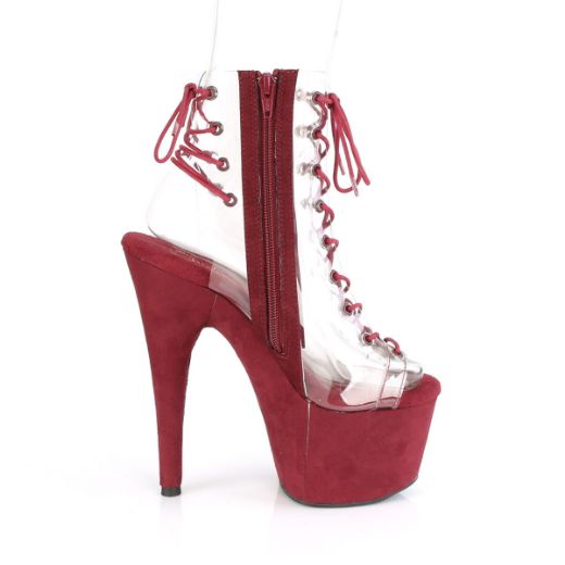 Product image of Pleaser ADORE-700-30FS Clear/Burgundy Faux Suede 7 inch (17.8 cm) Heel 2 3/4 inch (7 cm) Platform Lace-Up Ankle Boot Side Zip