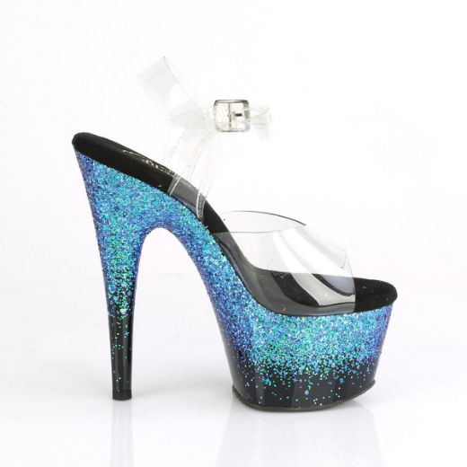 Product image of Pleaser ADORE-708SS Clear/Black-Blue Multicolour Glitter 7 inch (17.8 cm) Heel 2 3/4 inch (7 cm) Platform Ankle Strap Sandal Shoes