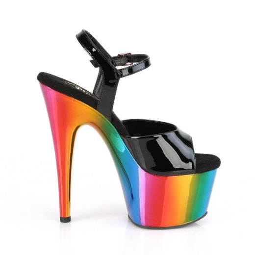 Product image of Pleaser ADORE-709RC Black Patent/Rainbow Chrome 7 inch (17.8 cm) Heel 2 3/4 inch (7 cm) Chrome Plated Platform Ankle Strap Sandal Shoes