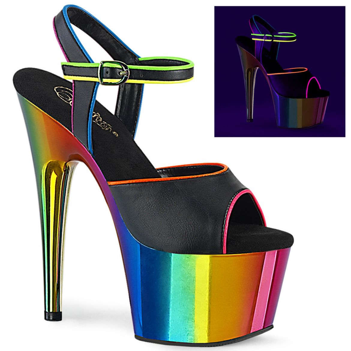Product image of Pleaser ADORE-709RC-02 Black Faux Leather/Rainbow Chrome 7 inch (17.8 cm) Heel 2 3/4 inch (7 cm) Chrome Plated Platform Ankle Strap Sandal
