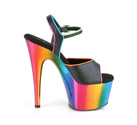 Product image of Pleaser ADORE-709RC-02 Black Faux Leather/Rainbow Chrome 7 inch (17.8 cm) Heel 2 3/4 inch (7 cm) Chrome Plated Platform Ankle Strap Sandal
