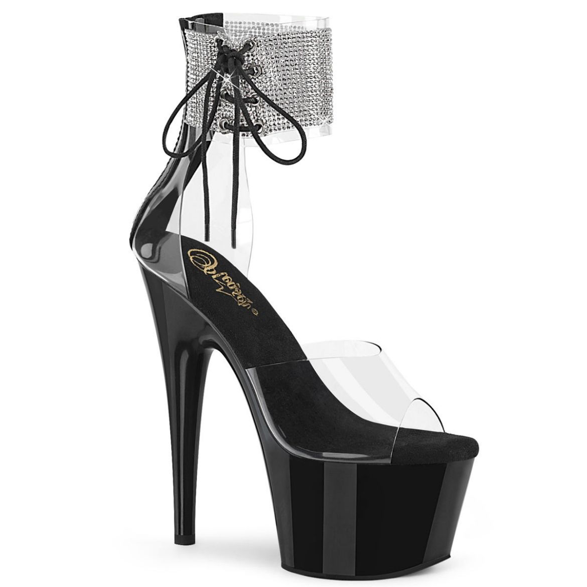 Product image of Pleaser ADORE-724RS Clear/Black 7 inch (17.8 cm) Heel 2 3/4 inch (7 cm) Platform Ankle Cuff Sandal With Rhinestones Back Zip Shoes