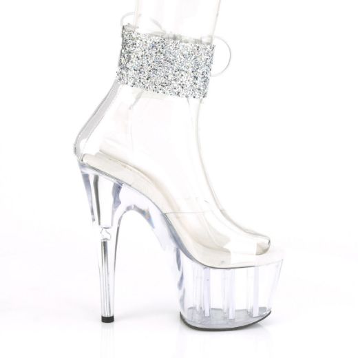 Product image of Pleaser ADORE-724RS-02 Clear/Black 7 inch (16.8 cm) Heel 2 3/4 inch (7 cm) Platform Ankle Cuff Sandal With Rhinestones Back Zip