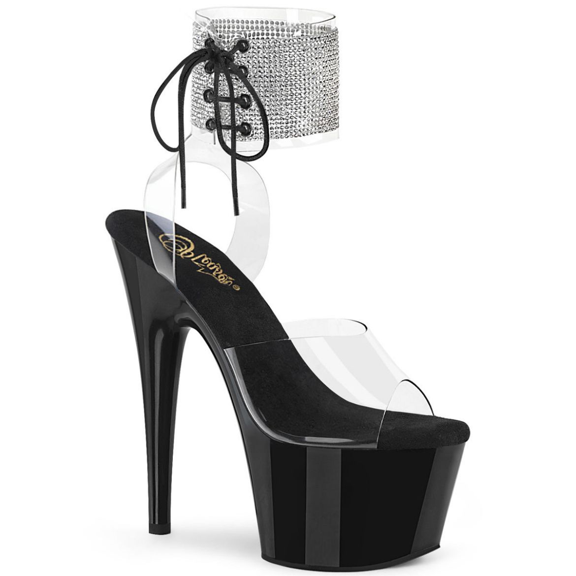 Product image of Pleaser ADORE-791-2RS Clear/Black 7 inch (17.8 cm) Heel 2 3/4 inch (7 cm) Platform Ankle Cuff Sandal With Rhinestones Shoes